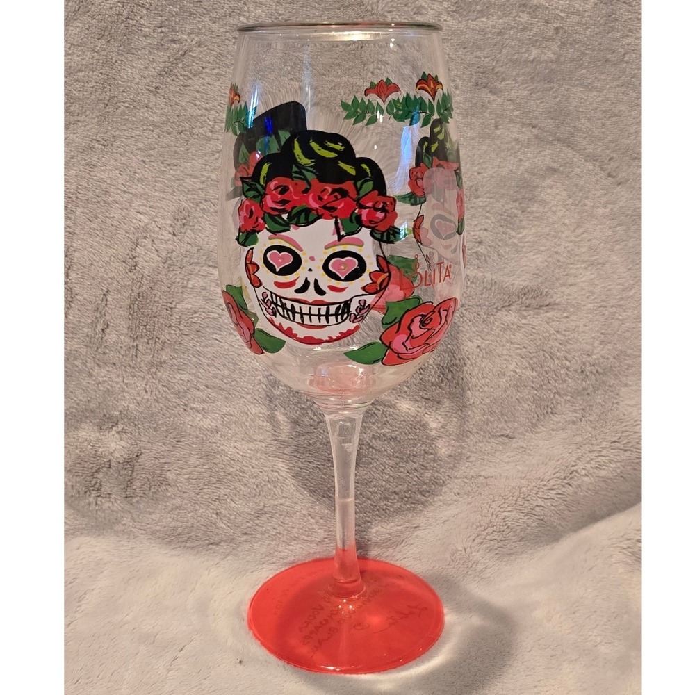Lolita Day of the Dead Sugar Skull Hand Painted Plastic Wine Glass with Recipe